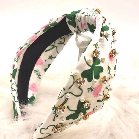 New CLOVER HEART PEARL RHINESTONE HEADBAND - Picture 3 of 6